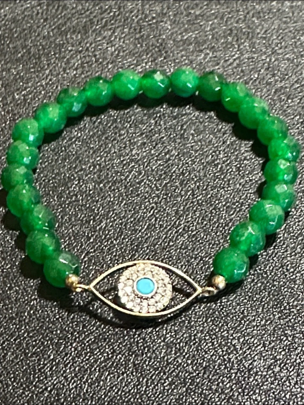 6mm Faceted Green Gemstone Evil Eye Protection Stretch Bracelet Gold-Tone